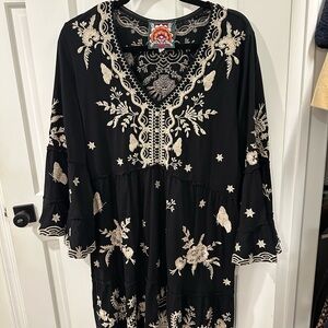 Johnny Was Black and Cream Floral Embroidered Tunic